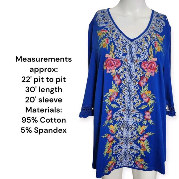 Calessa Women's Tunic Blue Embroidered Shirt Large 3/4 Sleeves Bohemian Top NEW - Picture 3 of 9